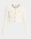 Self-portrait White Crewneck Cropped Cardigan With Crystal Embellishments On The Collar In Cotton Blend Woman In Sand