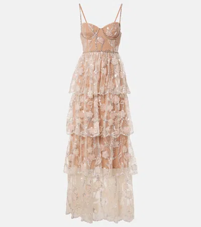 Self-portrait Sequined Tiered Lace Gown In Pink