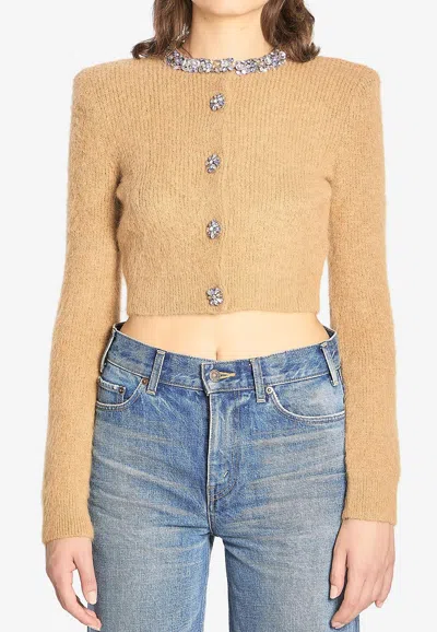 Self-portrait Embellished Trim Cropped Cardigan In Brown