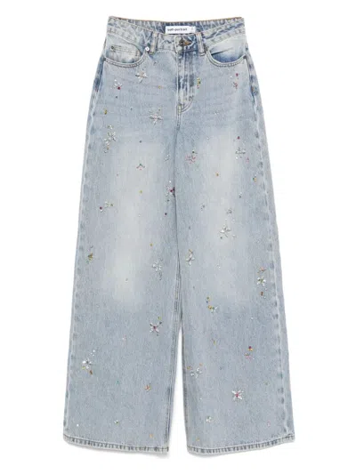 Self-portrait Bow Embroidery Wide-leg Cotton Jeans In Blue