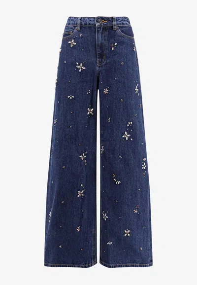 Self-portrait Embellished Wide-leg Jeans In Blue