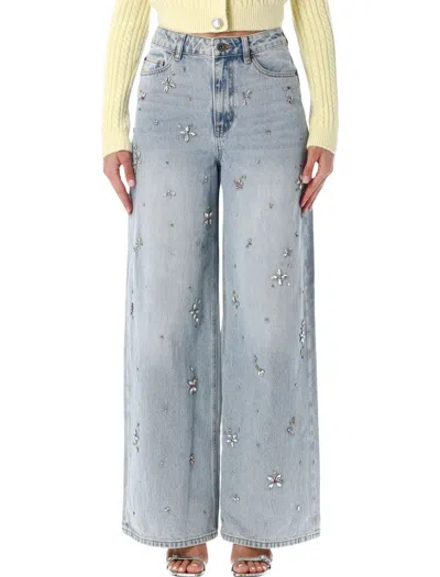 Self-portrait Embellished Wide Leg Jeans In Gray