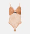 Self-portrait Embroidered Lace-trimmed Mesh Bodysuit In Orange