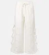 Self-portrait Embroidered Linen And Cotton Wide-leg Pants In White