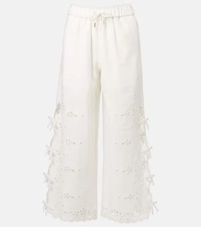 SELF-PORTRAIT EMBROIDERED LINEN AND COTTON WIDE-LEG PANTS