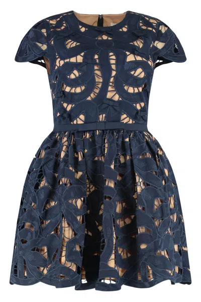 Self-portrait Embroidered Mini Dress In Blue
