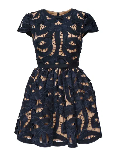 Self-portrait Embroidered Mini Dress With Bow In Blue