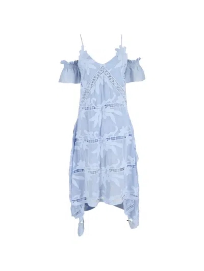 Pre-owned Self-portrait Embroidered Off-the-shoulder Dress In Blue