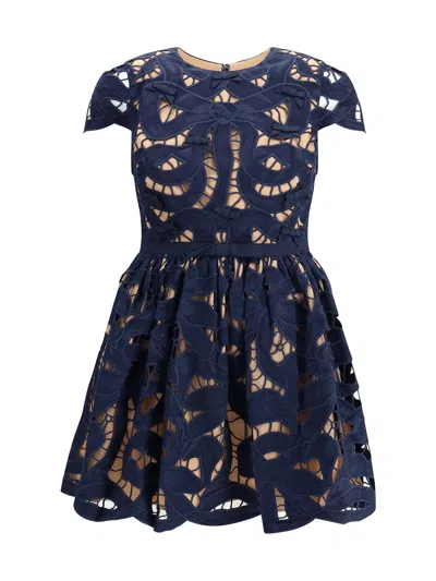 Self-portrait Embroidered Short Dress In Blue
