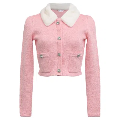 Self-portrait Faux-fur Collar Cropped Cardigan In Pink Polyester