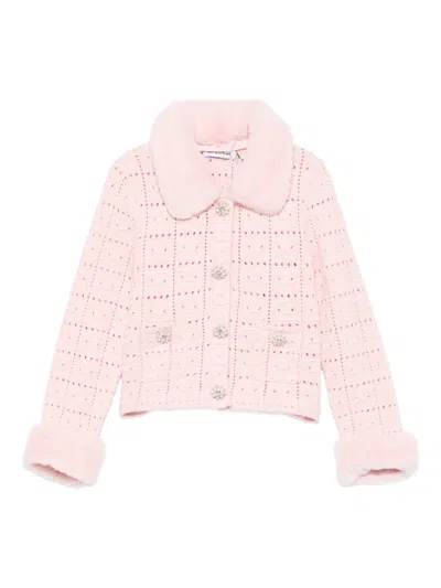 Self-portrait Kids' Faux-fur Collar Knitted Cardigan In Pink