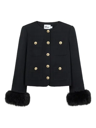 Self-portrait Faux Fur-cuff Buttoned Jacket In Black