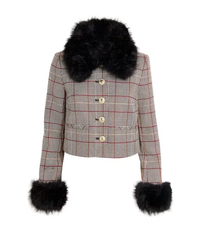 SELF-PORTRAIT FAUX FUR-TRIM CHECK JACKET