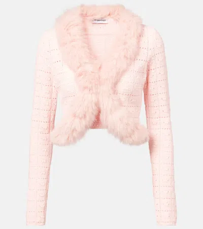 Self-portrait Faux Fur-trimmed Open-knit Cardigan In Pink