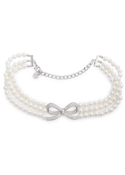 Self-portrait Faux-pearl And Bow Choker In Silver