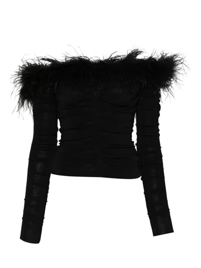 Self-portrait Feather Ruched Top In Black