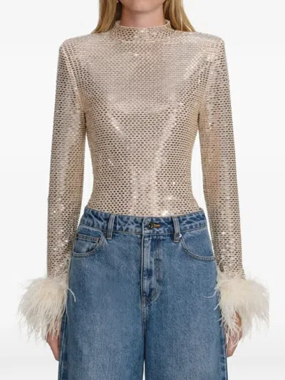 Self-portrait Feather-trim Long-sleeved Top In Gold