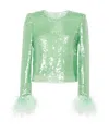 Self-portrait Sequin Long-sleeve Feather-cuff Top In Green