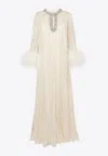 Self-portrait Feather-trimmed Metallic Plisse Maxi Dress In Gold