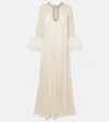 Self-portrait Feather-trimmed Metallic Plisse Maxi Dress In Gold