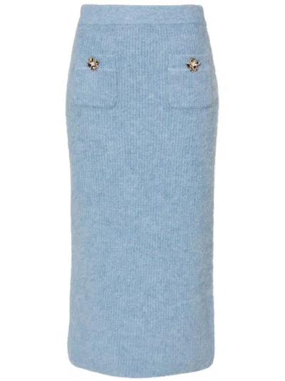 Self-portrait Embellished Metallic Brushed Ribbed-knit Midi Skirt In Blue