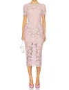 Self-portrait Pink Crewneck Midi Dress With All-over Lace Embroidery And Jewel Embellishment On The Collar In Cott