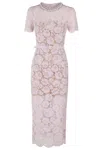 Self-portrait Pink Crewneck Midi Dress With All-over Lace Embroidery And Jewel Embellishment On The Collar In Pink