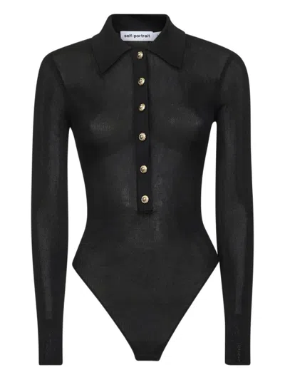 Self-portrait Fitted Black Bodysuit With Polo Collar