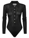 Self-portrait Fitted Black Top With Deep V-neckline And Sheer Detailing In Black