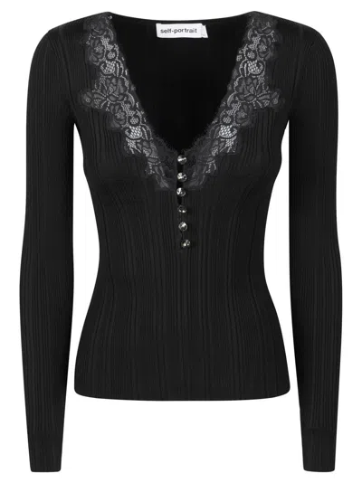 Self-portrait Fitted Black Top With Deep V-neckline