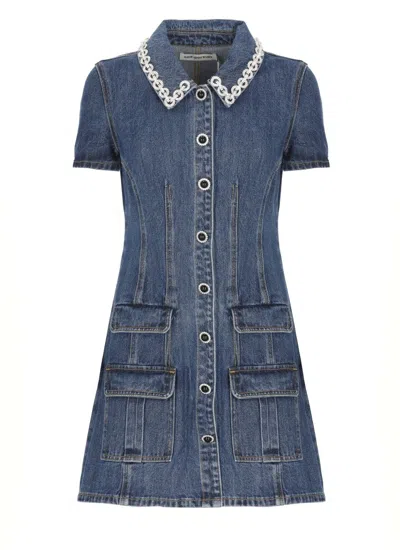 SELF-PORTRAIT FITTED DENIM DRESS WITH STRASS-DETAIL COLLAR