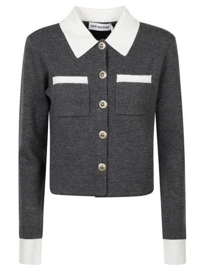 Self-portrait Fitted Grey Knit Sweater With Button-down Front In Gray