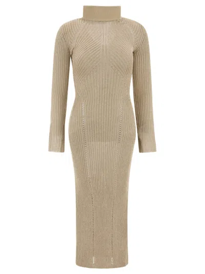 Self-portrait Fitted Midi Dress With High Turtleneck In Neutral