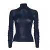 Self-portrait Fitted Navy Viscose Knit Top In Blue