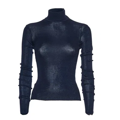 Self-portrait Fitted Navy Viscose Knit Top In Blue