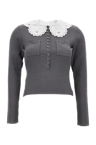 Self-portrait Fitted Ribbed Knit Top With Wide Collar In Grey