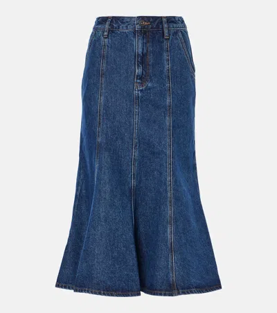 Self-portrait Flared Denim Midi Skirt In Blau