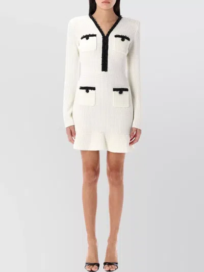 SELF-PORTRAIT FLARED HEM V-NECKLINE PEARL TRIM DRESS
