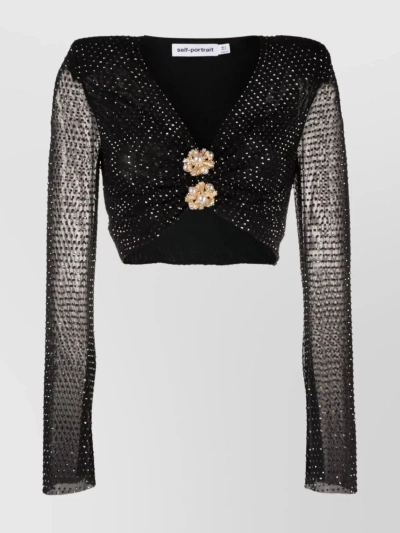 Self-portrait Flared Sleeve Rhinestone Top With Sheer Fabric In Black