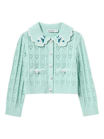 Self-portrait Kids' Floral-appliqué Cardigan In Green