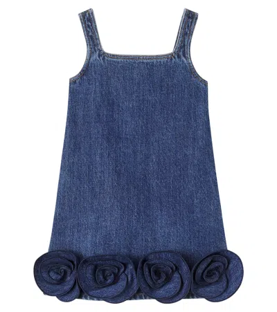 Self-portrait Kids' Floral-appliqué Denim Dress In Blue