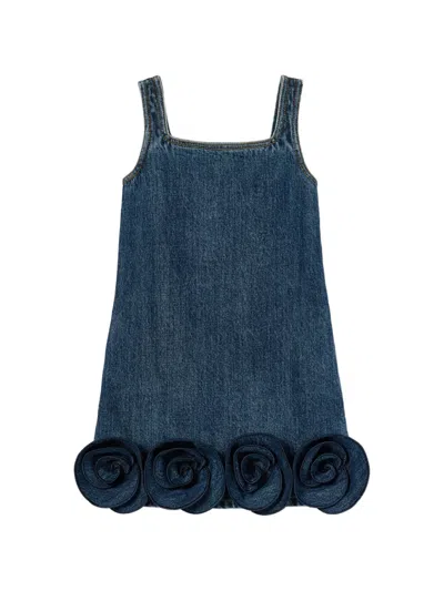 Self-portrait Floral-appliqué Denim Dress In Blue