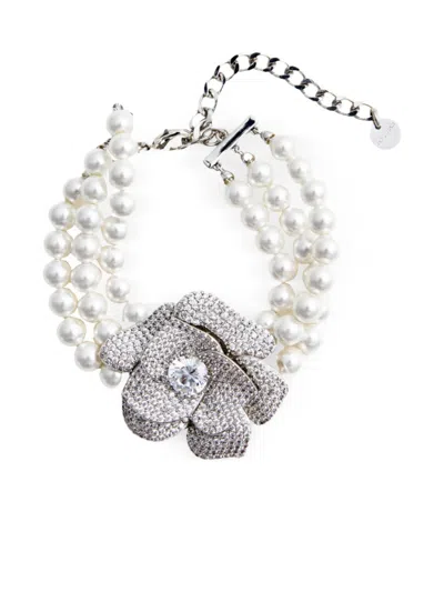Self-portrait Floral-appliqué Faux-pearl Bracelet In Metallic