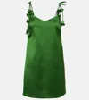 Self-portrait Green Mini Dress With V Neck And Shoulder Straps With Floral Embellishments In Tech Fabric Woman In Green