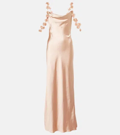 Self-portrait Satin Flower Maxi Dress In Neutrals