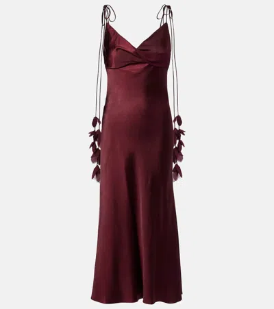 Self-portrait Bordeaux Long Dress With Knotted Shoulder Straps And Floral Details In Fabric Woman In Burgundy