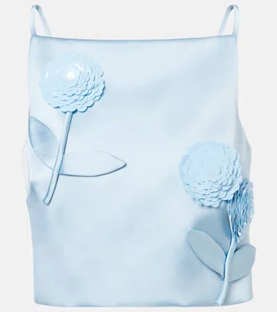 Self-portrait Floral-appliqué Sequined Cropped Satin Top In Blue
