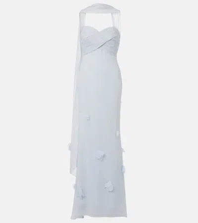 Self-portrait Floral-appliqué Silk-detail Georgette Gown In Blue