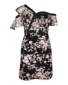 Self-portrait Floral Asymmetric Sleeve Mini Dress In Black Polyester In Black