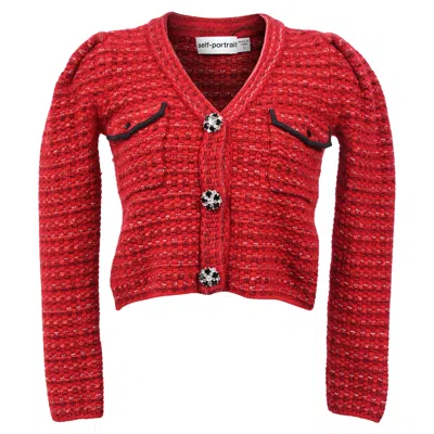 Self-portrait Floral Diamante Button Mélange Knit Cardigan In Red Wool